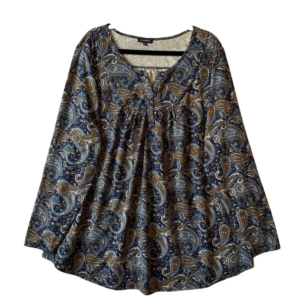 a. Jesdani Blue Paisley Split V Neck Long Sleeve Blouse‎ Top 4X Boho Chic Retro